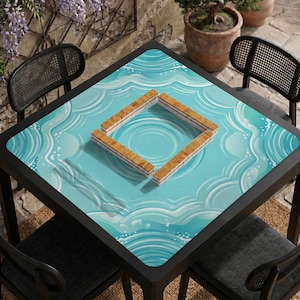 May include: A square black table with a light blue surface featuring a water wave design. Four wooden Mahjong tiles are arranged in a square on the table. Two black chairs are on either side of the table.