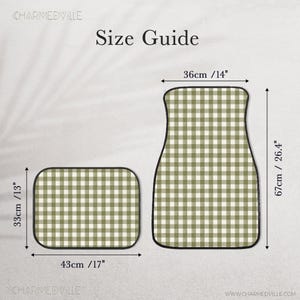 May include: A set of two car floor mats with a sage green and white gingham pattern. The rectangular mat measures 13 inches by 17 inches, and the contoured mat measures 26.4 inches by 14 inches. The text "Size Guide" and "CHARMEDVILLE" are visible.