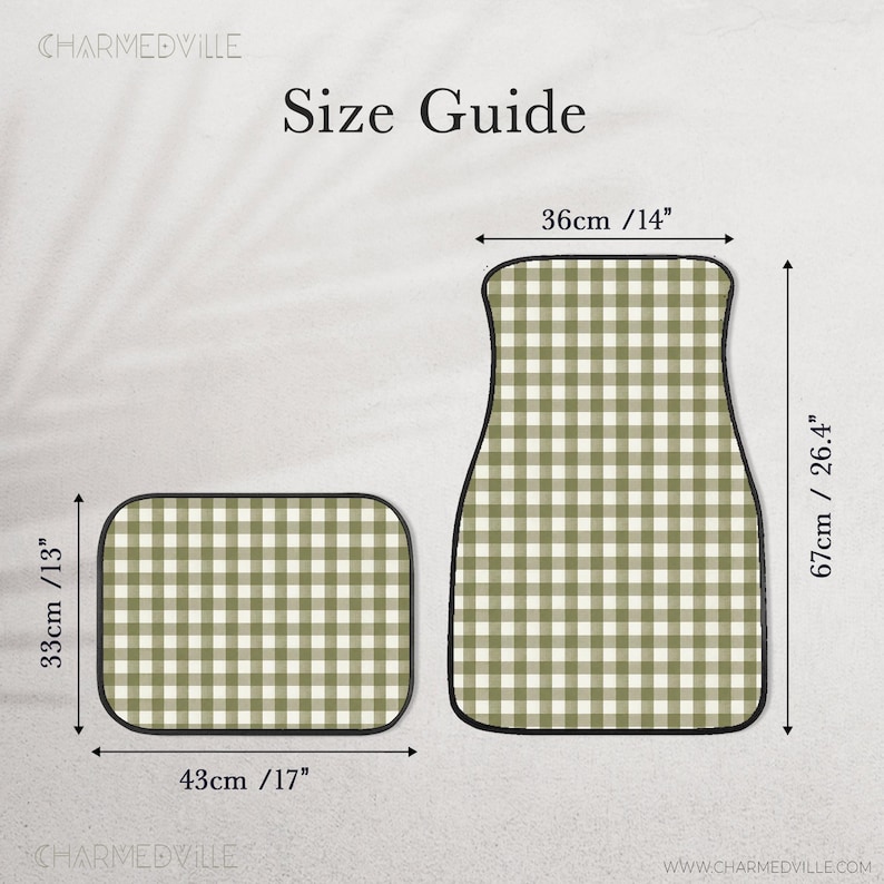 May include: A set of two car floor mats with a sage green and white gingham pattern. The rectangular mat measures 13 inches by 17 inches, and the contoured mat measures 26.4 inches by 14 inches. The text "Size Guide" and "CHARMEDVILLE" are visible.