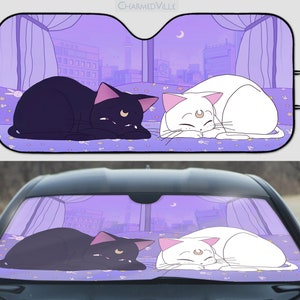 Anime Car Sun Shade, couverture de pare-brise violet, protecteur d'écran carshade, fenêtre suv pare-soleil mignon, chats de lune Kawaii, accessoires de décoration automatique