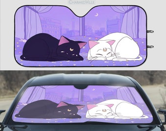 Anime Car Sun Shade, Purple windshield cover, carshade screen protector, Cute sunshade suv window, Kawaii moon cats, Auto decor accessories