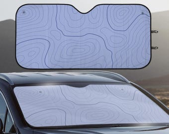 Blue Topographic Car Sunshade, Large Pop Up Umbrella Windshield Shade for SUV Truck, Foldable Auto Shade With Heat UV Interior Cover