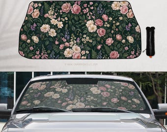Vintage Floral Car Shade, Dark Garden Windshield Sun Shade, Foldable Auto Window Sunshade for Cute SUV Truck Interior Decor Accessory