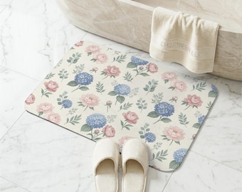 Tapete de Banho, Tapete de Banheiro, Tapete de Banho Extra Grande Antiderrapante e Lavável, Estampa Floral de Hortênsias Azuis e Peônias Rosas, Decoração de Banheiro Estilo Cottagecore