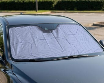 Blue Contour Car Shade, Minimal Topographic Windshield Sunshade, Rear Window Auto Shade for SUV Truck Heat UV Interior Protection