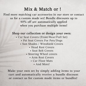 May include: Text on a light background reads "Mix & Match or!" followed by a list of car accessories, including seat covers, sun shades, and floor mats. The text also mentions bundle discounts and custom sets.