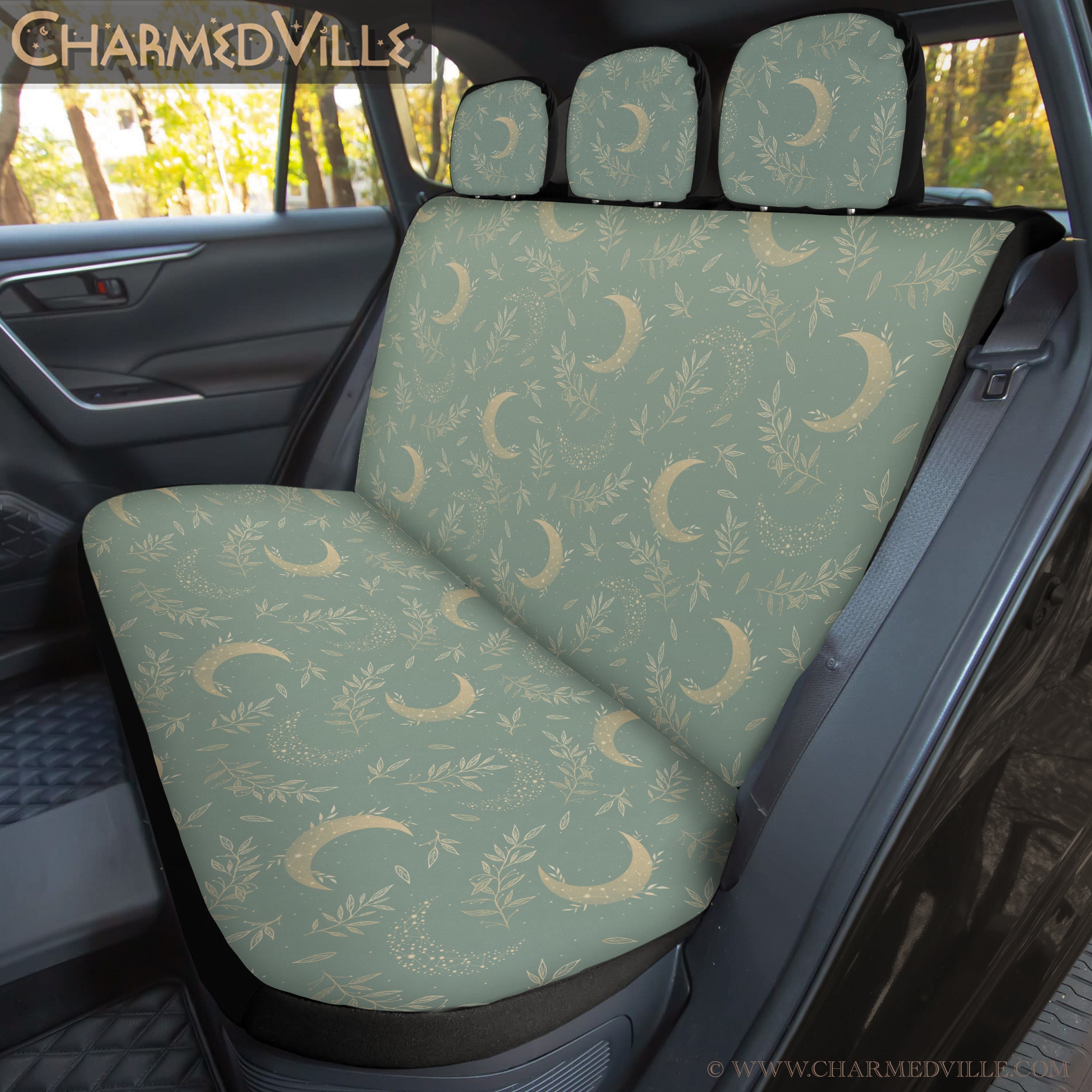 Sage Green Car Accessories, Full Set/rear/front/back/dog/car Seat/headrest  Band/seatbelt/steering Wheel Cover, Boho Celestial Moon Phases 