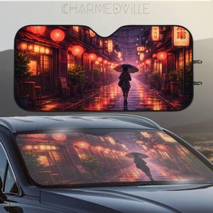 Lofi Anime Car Sunshade for Windshield, Cozy Japanese Night Street Auto Shade, Heat Blocking Interior Decor Gift