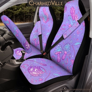 Witchy Car Seat Cover, Purple pastel goth decor, Universal size/headrest/seatbelt/steering wheel, Cute Kawaii mushroom aesthetic accessories