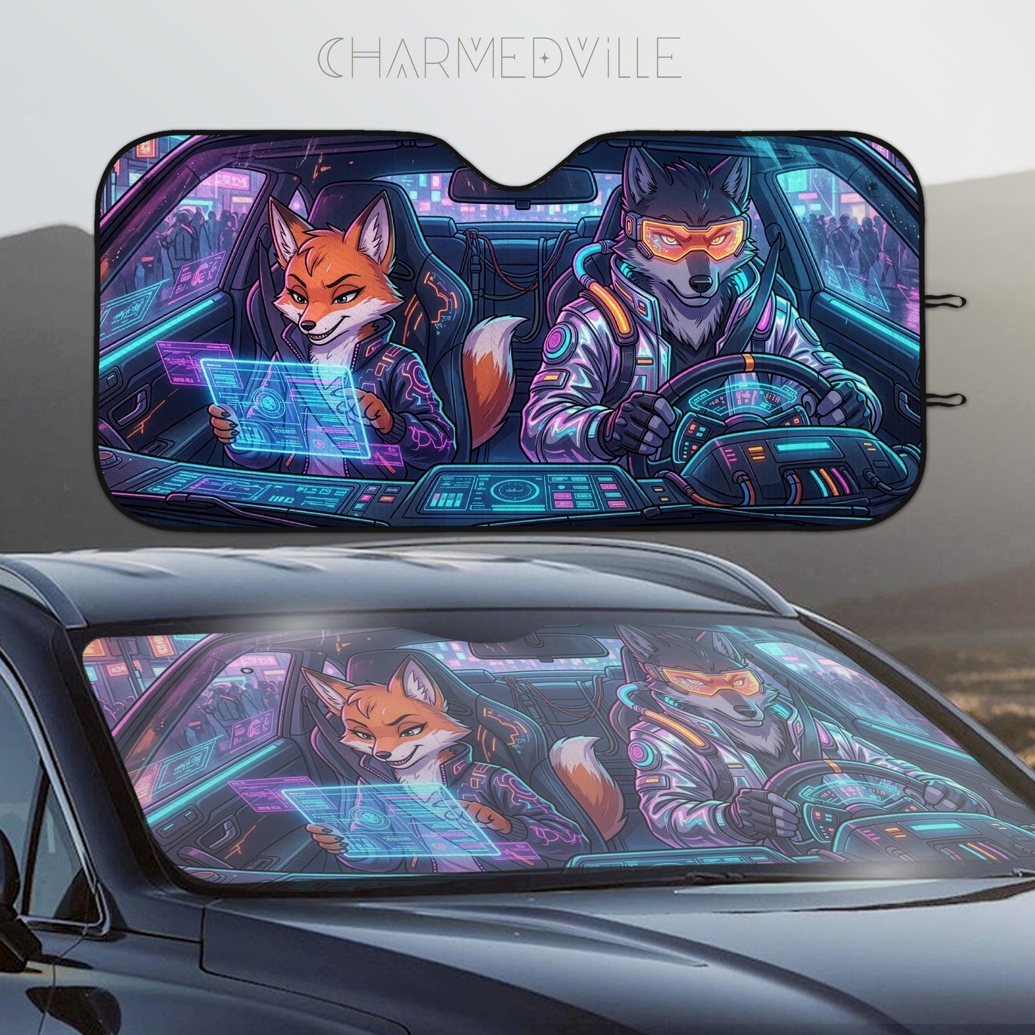 Car Sun Shade, Cyberpunk Anime Fox Wolf Windshield Sunshade, Foldable ...