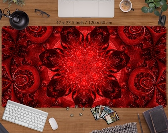 Red gaming playmat/desk mat, Mandala deskmat xl, Large mousepad dnd, role play dice tray, tcg card game, rpg mtg boardgame, XXL mouse pad
