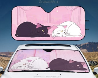 Anime Car Sun Shade, Pink windshield cover, carshade protector screen, Cute aesthetic sunshade, Kawaii moon cats, auto accessories for women