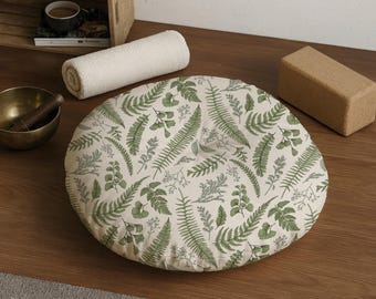 Sage Fern Round Floor Pillow, Botanical Zafu Cushion, Zabuton Meditation Seat, Japandi Yoga Floor Pillow for Zen Meditation Room Decor