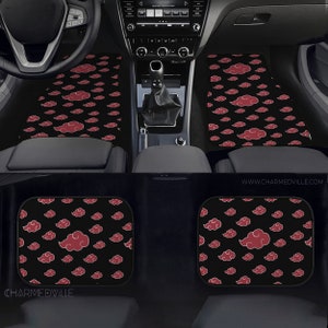 May include: Red and black car floor mats with a repeating pattern of red clouds on a black background. The mats are designed to fit the front and back seats of a car. The mats are made of a durable material and are easy to clean. The mats are also non-slip and will help to protect your car's interior.