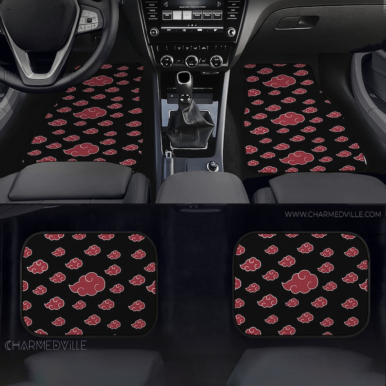 May include: Red and black car floor mats with a repeating pattern of red clouds on a black background. The mats are designed to fit the front and back seats of a car. The mats are made of a durable material and are easy to clean. The mats are also non-slip and will help to protect your car's interior.