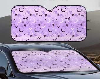 Pare-soleil pour fenêtre de voiture, pare-soleil de pare-brise violet, chauves-souris fantasmagoriques goth pastel, accessoires de décoration de couverture de véhicule, cadeau de sorcière mignon pour les femmes