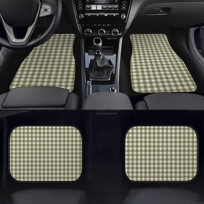May include: A set of four car floor mats featuring a sage green and white gingham check pattern. The mats are installed in the front and rear footwells of a vehicle interior, covering the floor area with a consistent checkered design.