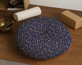 Purple Botanical Meditation Cushion, Lavender Zafu Floor Pillow, Round Yoga Seat, Zabuton Prayer Cushion, Japandi Home Decor, Zen Room