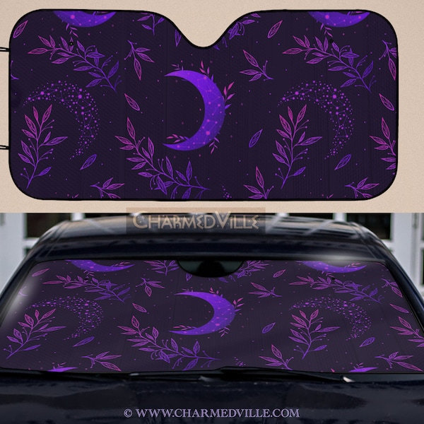 Celestial Car Sun Shade, Purple windshield cover, UV blocker aluminum screen, Cute dark goth cottagecore, Auto car accessories for women