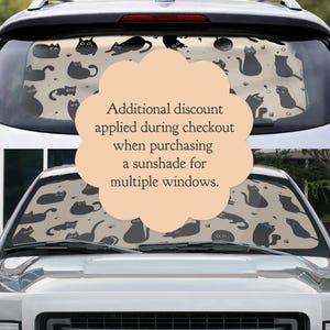 May include: Car sunshade featuring a repeating pattern of black cat silhouettes and paw prints on a beige background. The text on the image says, "Additional discount applied during checkout when purchasing a sunshade for multiple windows."