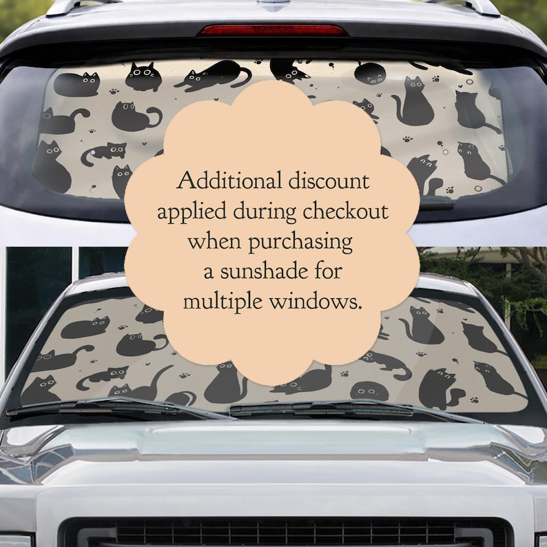 May include: Car sunshade featuring a repeating pattern of black cat silhouettes and paw prints on a beige background. The text on the image says, "Additional discount applied during checkout when purchasing a sunshade for multiple windows."