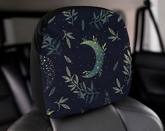 Celestial Car Headrest Cover, Cute boho floral moon decor, Universal/Fits Most seats/head rest, Dark cottagecore car accessories for women