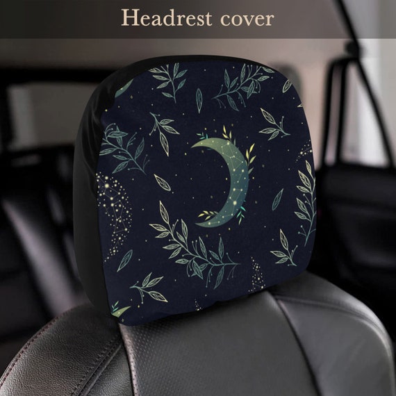 Celestial Car Headrest Cover, Cute boho floral moon decor, Universal/Fits Most seats/head rest, Dark cottagecore car accessories for women