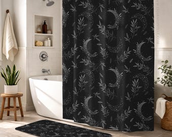 Shower Curtain, Black Celestial Moon Bathroom Decor, Gothic Botanical Stars Pattern, Waterproof Polyester Bath Curtain with Hooks and Rings