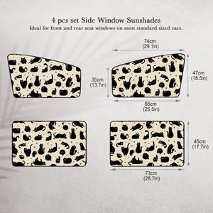 May include: Set of four side window sunshades with a cream background and black cat pattern. The sunshades measure up to 29.1 inches (74cm) long and 18.5 inches (47cm) high. Text on the image reads "4 pcs set Side Window Sunshades".