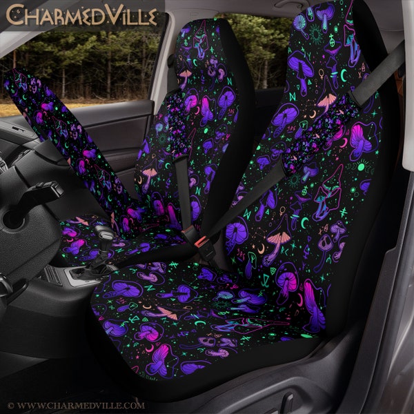 Witchy Car Seat Covers, full set/rear/front/back/car seat/headrest/seatbelt/steering wheel for vehicle, Cute dark purple mushroom art