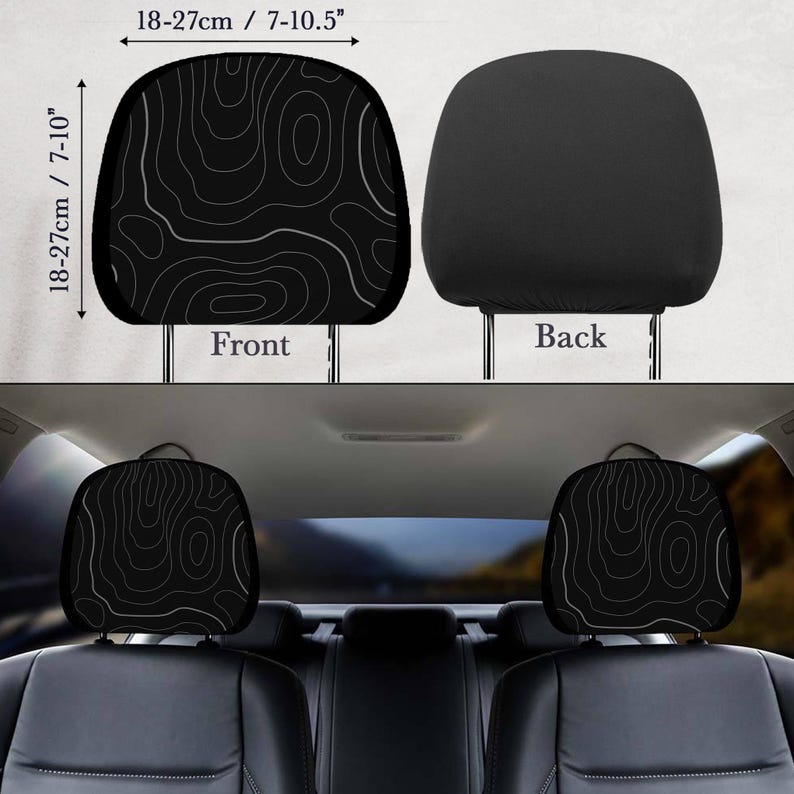 Peut inclure: Housses de coussin de voiture noires. L'une pr&eacute;sente un motif de carte topographique blanche sur fond noir. L'autre est noire unie. Les appuie-t&ecirc;tes mesurent 18-27 cm de haut et 18-27 cm de large.