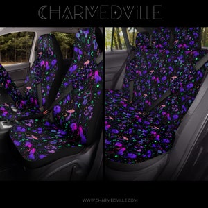 Witchy Car Seat Covers, full set/rear/front/back/headrest/seatbelt/steering wheel for vehicle, Cute dark purple mushroom art, gift for her