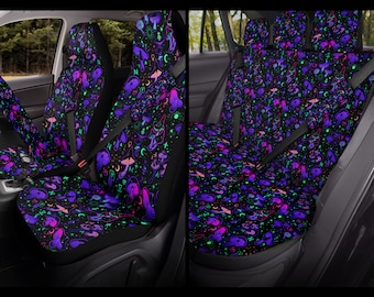 Witchy Car Seat Covers, full set/rear/front/back/headrest/seatbelt/steering wheel for vehicle, Cute dark purple mushroom art, gift for her