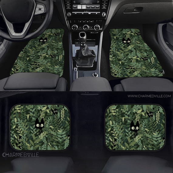 Green Car Floor Mats, Cat Rug/Carpet for vehicle/suv/truck interior decor, Durable non-slip rubber & fabric, accessory gift for men/women