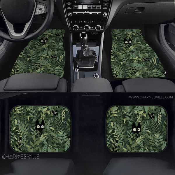 Green Car Floor Mats, Cat Rug/Carpet for vehicle/suv/truck interior decor, Durable non-slip rubber & fabric, accessory gift for men/women