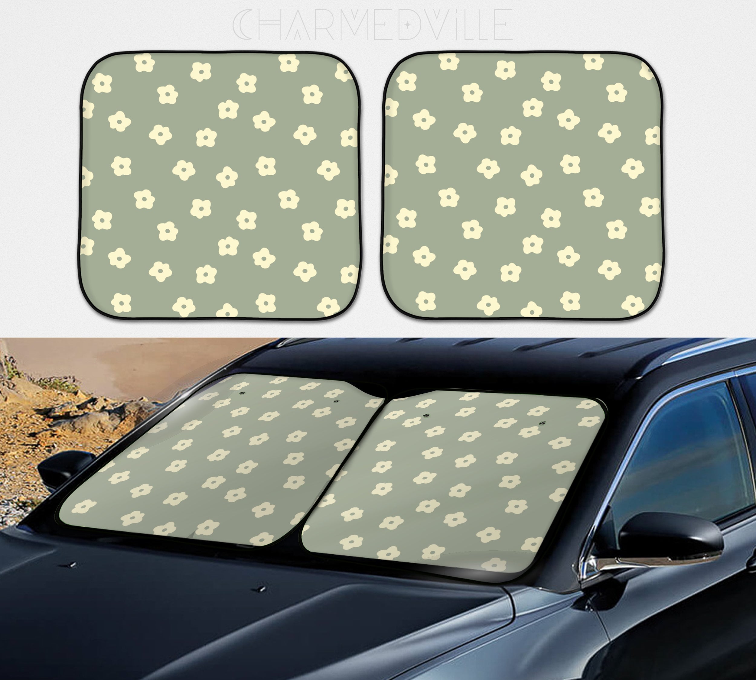 Parasole Parabrezza Auto Colorato Con Foglie Verdi E Fiori - Protezione UV, Mantiene L'Abitacolo Fresco, Accessorio Auto Universale