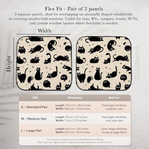 May include: Pair of two beige car window sunshades with a black cat pattern. The sunshades are available in three sizes, with the largest measuring 36 inches in height and 32.5 inches in width. The text on the image says "Flex Fit - Pair of 2 panels."
