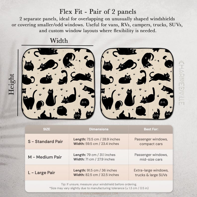 May include: Pair of two beige car window sunshades with a black cat pattern. The sunshades are available in three sizes, with the largest measuring 36 inches in height and 32.5 inches in width. The text on the image says "Flex Fit - Pair of 2 panels."