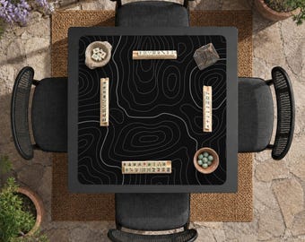 Mahjong Table Mat, Black Contour Line Tile Pad, Scalloped Game Surface, Monochrome Board Game Playmat, Modern Tabletop Gift for Players