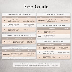 May include: A size guide for various car sunshades and covers. Includes dimensions in inches and centimeters for front and rear windshield sunshades, side window sunshades, and a windshield snow cover. Also shows best-fit vehicle types.