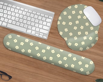 Cute Green Mouse Pad, Ergonomic Keyboard Wrist Rest, Floral desk mat decor accessory, Retro boho aesthetic, flower mousepad, Gift for women