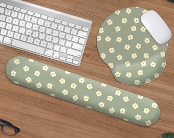 Linda alfombrilla de ratón verde, reposamuñecas de teclado ergonómico, accesorio de decoración de alfombrilla de escritorio floral, estética retro boho, alfombrilla de ratón de flores, regalo para mujeres