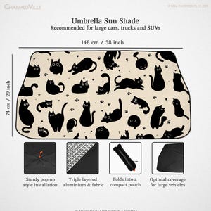 May include: An umbrella sun shade for large vehicles, featuring a beige background with black cat silhouettes and paw prints. The shade measures 58 inches wide and 29 inches high. It has a sturdy pop-up style installation and folds into a compact pouch.