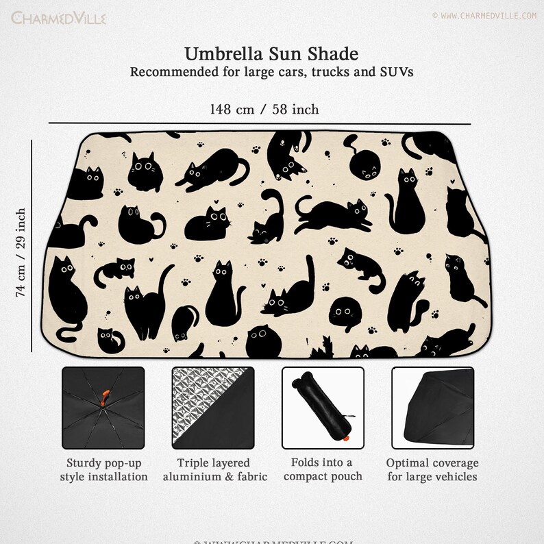 May include: An umbrella sun shade for large vehicles, featuring a beige background with black cat silhouettes and paw prints. The shade measures 58 inches wide and 29 inches high. It has a sturdy pop-up style installation and folds into a compact pouch.