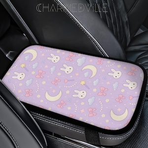 Pastel Bunny Console Armrest Cover, Lavender Center Console Pad, Cute Car Arm Rest Protector, Kawaii Auto Interior Accessory for Women