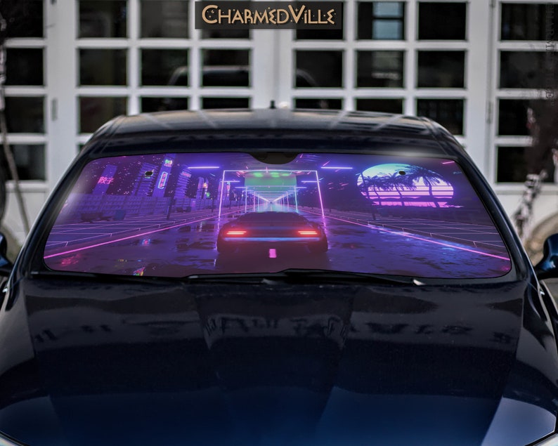 Vaporwave Car Sunshade, Anime Sun Shade, Windshield Cover, Purple ...