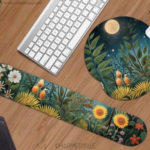 Cottagecore Mousepad with wrist rest, Ergonomic mouse pad, Dark academia Desk Mat, Boho floral painting, Cozy  forest, XXL extended deskmat