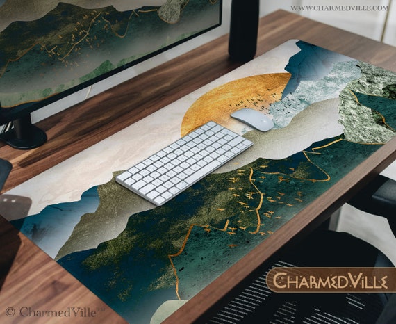 Abstract desk mat/playmat, Art deco mousepad xl, Large mouse pad art nouveau mountain, Nature forest sunset landscape, XXL gaming mouse pad
