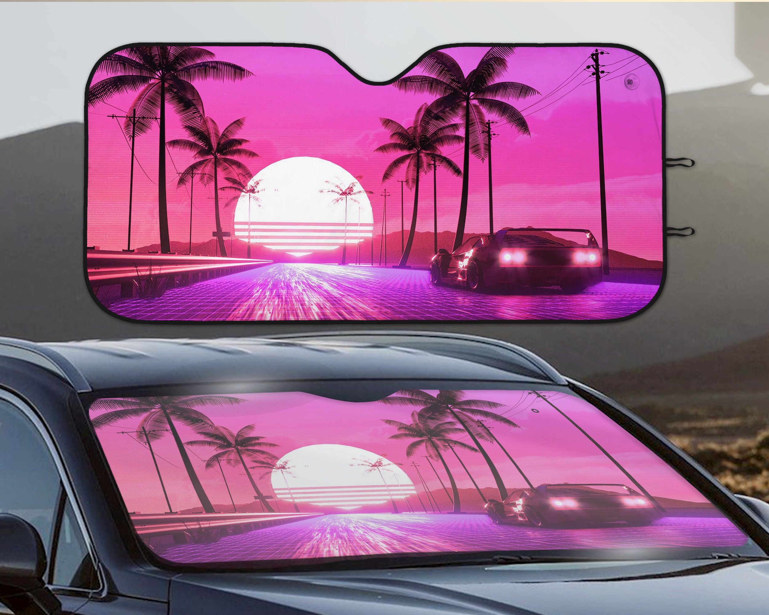 Sun Shade for Car/Truck/SUV, Vaporwave Cyberpunk racing game city Sunshade, Purple retro window windshield cover, vehicle accessory gift
