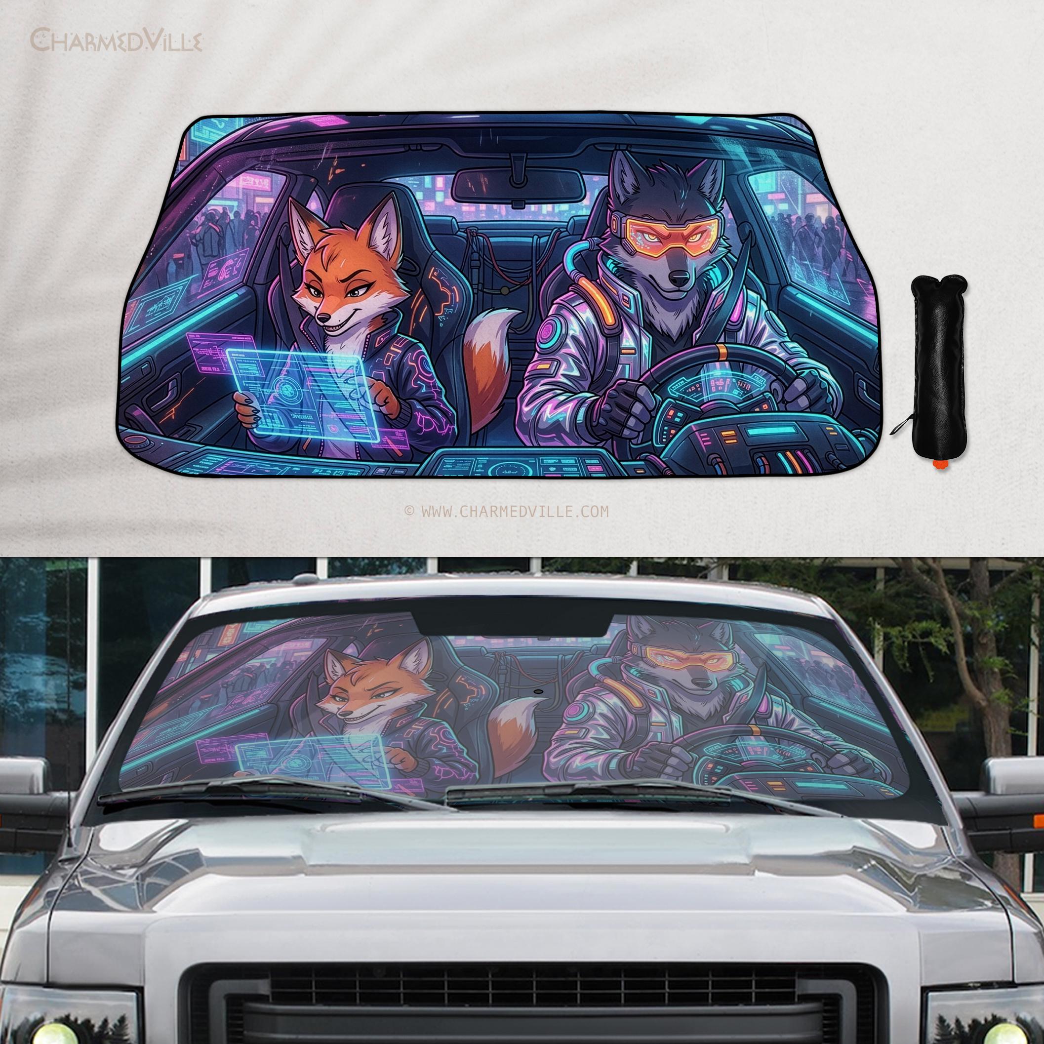 Car Sun Shade, Cyberpunk Anime Fox Wolf Windshield Sunshade, Foldable ...